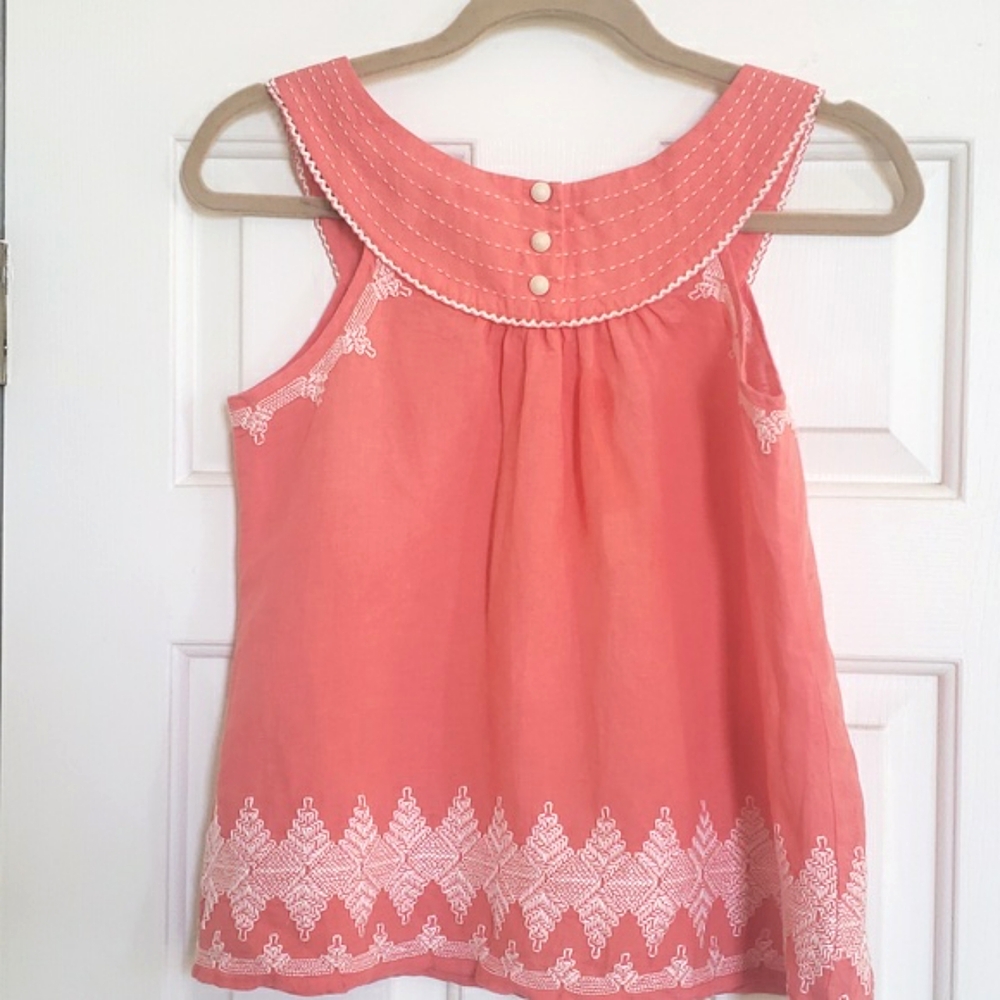 Anthropologie Floreat Embroidered Linen Blend Tank Top Coral Orange Scoop Neck S - Picture 5 of 16
